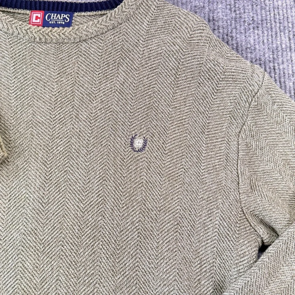 Chaps Sweater Mens Large Green Herringbone Knit Crewneck Cotton Pullover Logo
